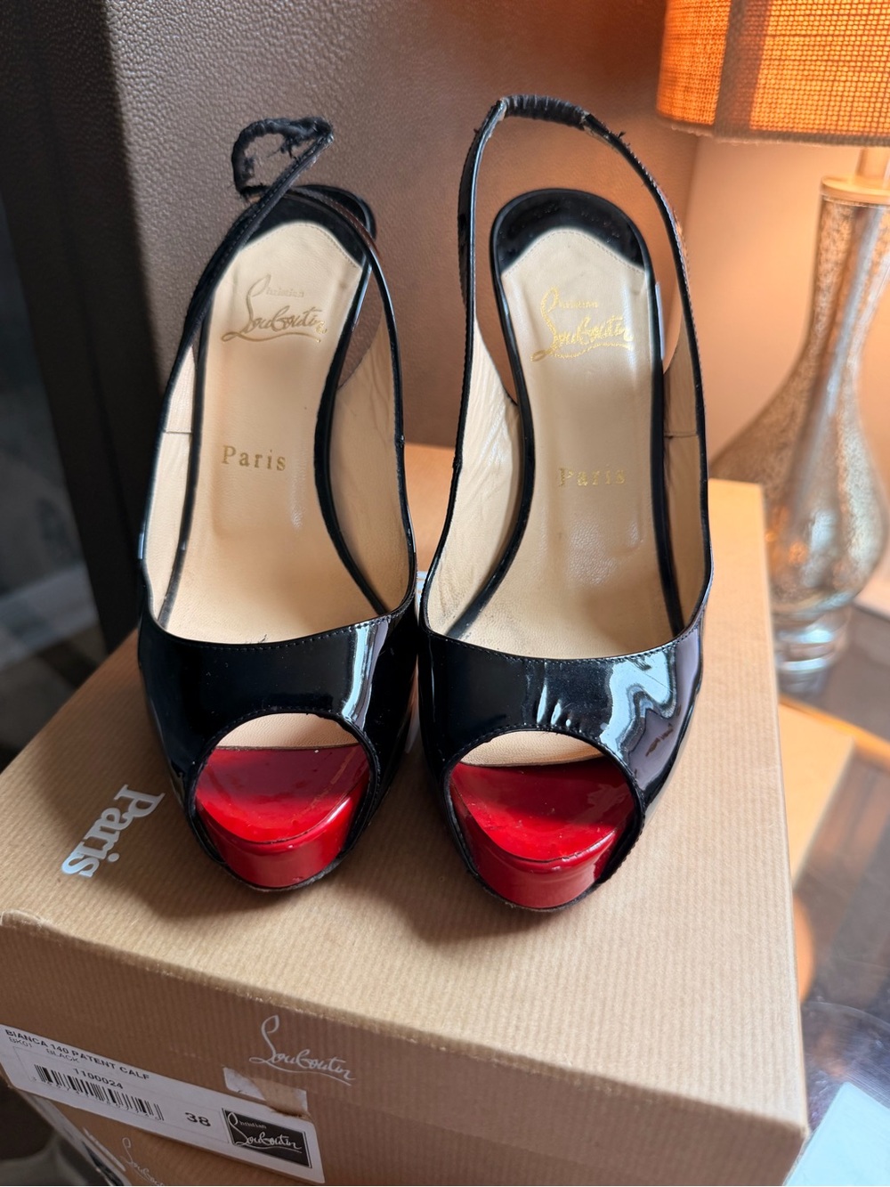 Christian Louboutin Black Patent Peep-Toe Slingbacks with Red Platform